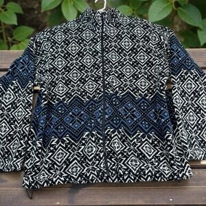 BRITCHES Fair Isle Fleece Zip Up Jacket Black White Blue XL Made in USA Aztec